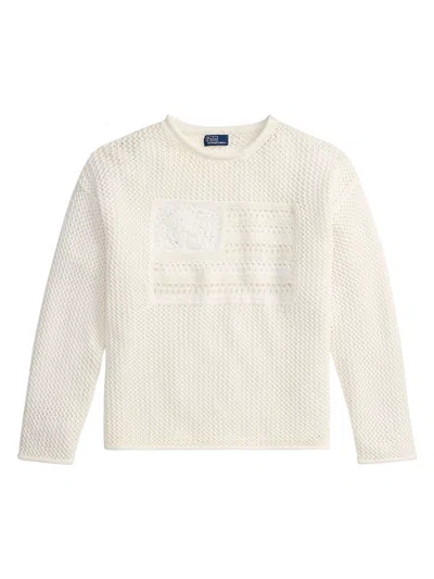 Polo Ralph Lauren Womens White Multi Flag Pointelle-knit Cotton Jumper