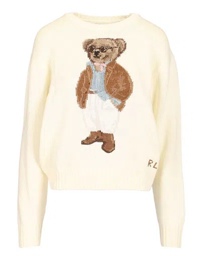 Polo Ralph Lauren Polo Bear Cotton Pullover With Inlays Knitwear White In Neutral