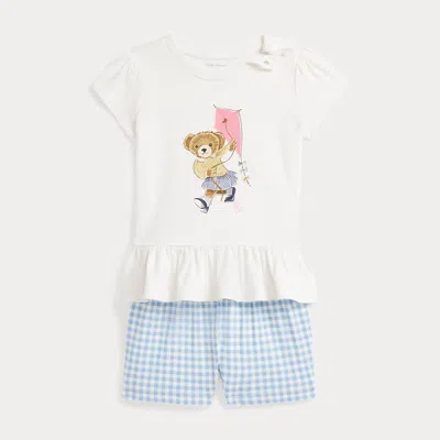 Polo Ralph Lauren Babies' Ralph Lauren Cotton Graphic Peplum T-shirt & Gingham Shorts Set In Blue