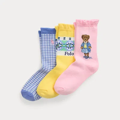 Polo Ralph Lauren Kids' Polo Bear Crew Sock 3-pack In Pink, Yellow, Blue