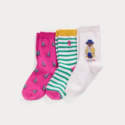 Polo Ralph Lauren Kids' Polo Bear Crew Sock 3-pack In White/orange/green/pink