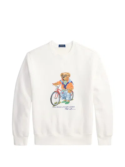 Polo Ralph Lauren Polo Bear Crewneck Sweater With Ribbed V-neck, Long Sleeves & Cuffed Hem In Bianco