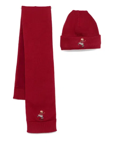 Polo Ralph Lauren Kids' Polo Bear Embroidered Beanie And Scarf In Burgundy