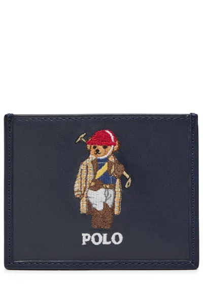 Polo Ralph Lauren Polo Bear Embroidered Leather Card Holder In Blue
