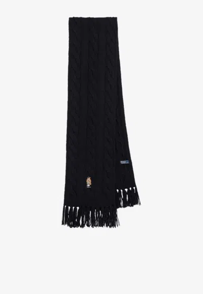 Polo Ralph Lauren Polo Bear Fringed Wool Scarf In Blue