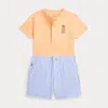 Polo Ralph Lauren Ralph Lauren Embroidered Cotton Henley T-shirt & Stripe Shorts Set In Soft Creamsicle
