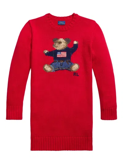 Polo Ralph Lauren Kids' Polo Bear-intarsia Crew Neck Dress In Red