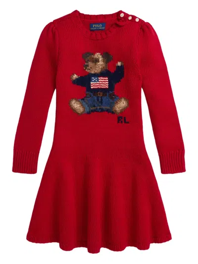 Polo Ralph Lauren Kids' Polo Bear-intarsia Long-sleeve Dress In Red