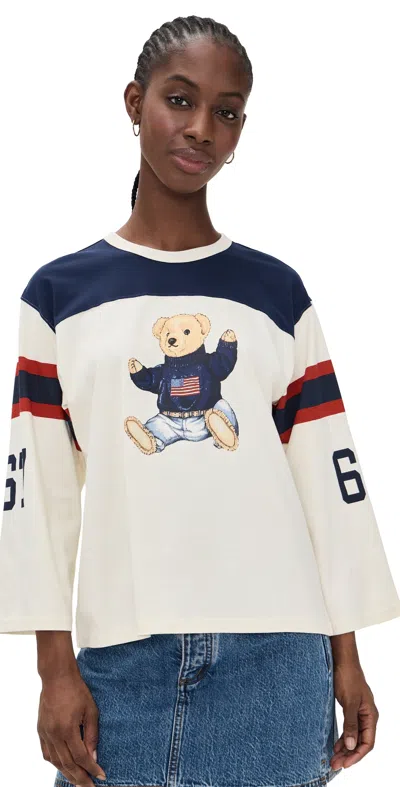 Polo Ralph Lauren Color-block Knit T-shirt With Playful Teddy Bear Graphic In White