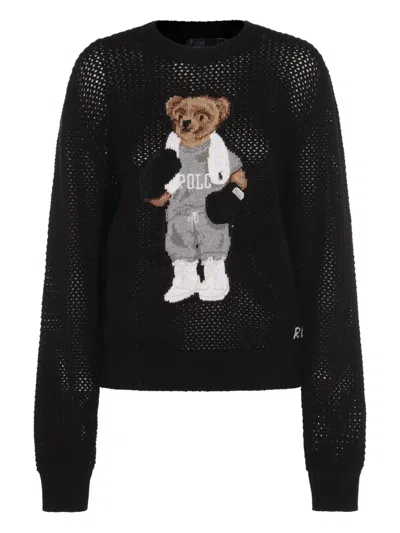 Polo Ralph Lauren Open-knit Sweater With Playful Bear Graphic And Ribbed Trim In Black
