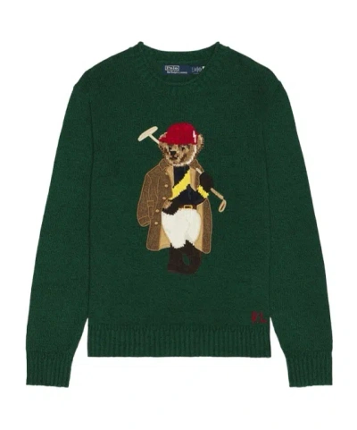 Polo Ralph Lauren Long Sleeve Cotton Linen Society Bear Rollneck Sweater In Green