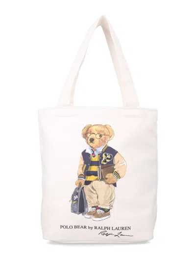 Polo Ralph Lauren Polo Bear Mini Tote Bag For Boys In Cotton Canvas In Beige