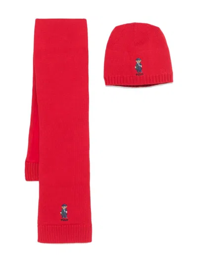 Polo Ralph Lauren Kids' Polo-bear-motif Beanie Hat Set (set Of Two) In 红色