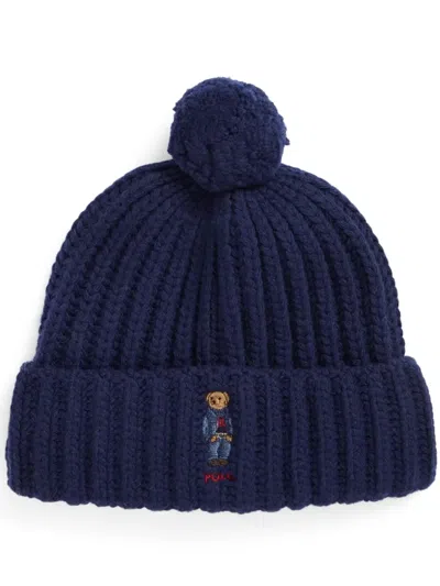 Polo Ralph Lauren Polo Bear Ribbed Pom-pom Beanie In Blue
