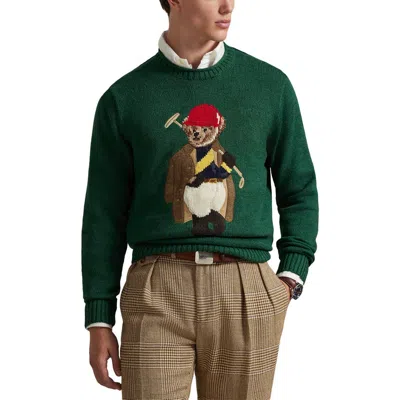 Polo Ralph Lauren Long Sleeve Cotton Linen Society Bear Rollneck Sweater In Green