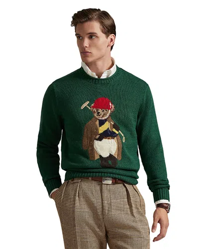 Polo Ralph Lauren Long Sleeve Cotton Linen Society Bear Rollneck Sweater In Green