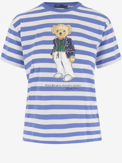 Polo Ralph Lauren Polo Bear Striped Cotton T-shirt In Blu