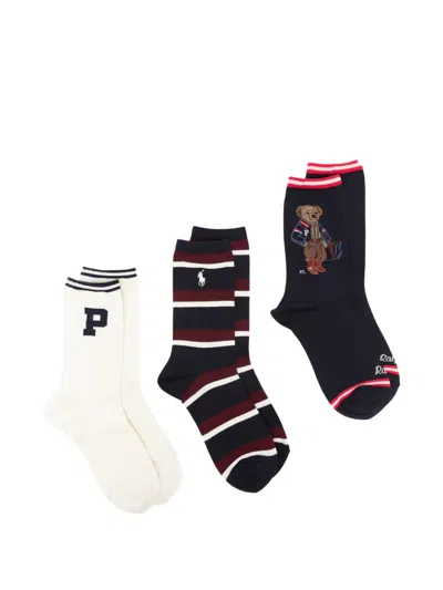 Polo Ralph Lauren Polo Bear Striped Socks Set (set Of Three) In Multi