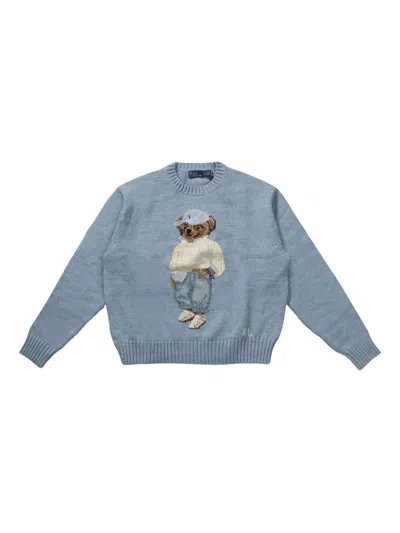 Polo Ralph Lauren Bear Graphic Knit Crew Neck In Light Chambray