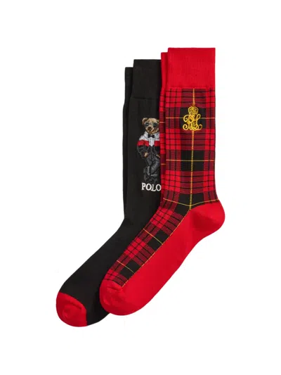 Polo Ralph Lauren Polo Bear Tartan-print Socks (set Of Two) In Black