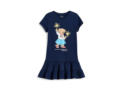 Polo Ralph Lauren Polo Bear Tiered Cotton Dress (toddler/little Kid) Girl's Dress Refined Navy: 4 Little Kid In Blue