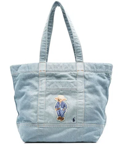 Polo Ralph Lauren Medium Denim Polo Bear Tote Bag In Blue