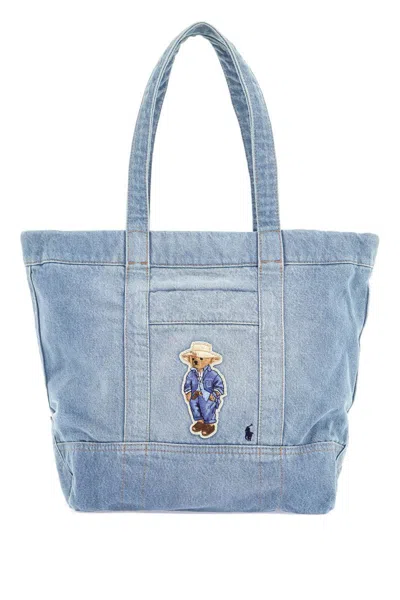 Polo Ralph Lauren Medium Denim Polo Bear Tote Bag In Blue