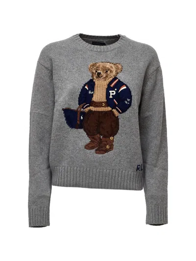 Polo Ralph Lauren Wool Polo Bear Crewneck Sweater In Gray
