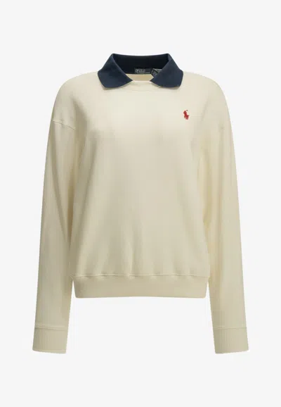 Polo Ralph Lauren Polo Collar Logo Sweatshirt In Ivory