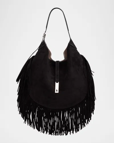 Polo Ralph Lauren Polo Id Large Fringe Suede Shoulder Bag In Black