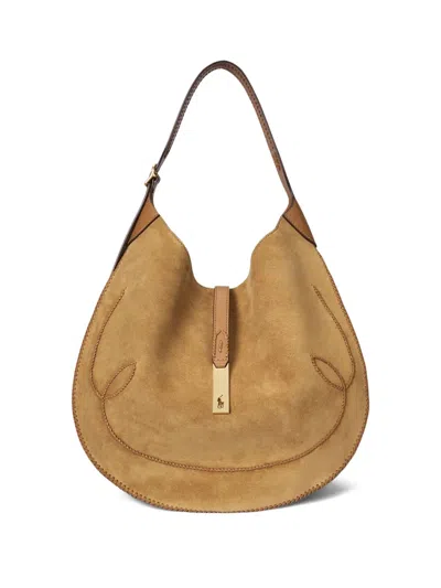 Polo Ralph Lauren Polo Id Western Suede Stitched Shoulder Bag In Neutral