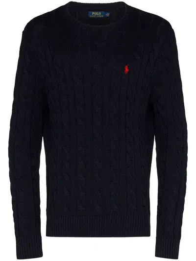 Polo Ralph Lauren Blue Cable Knit Crewneck Sweater With Pony Embroidery On The Front In Wool And Cashmere Man
