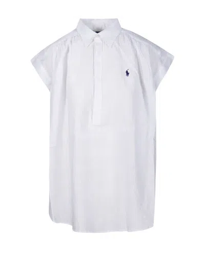 Polo Ralph Lauren Polo Pony Embroidered Curved Hem Blouse In White