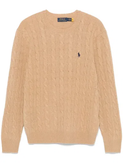 Polo Ralph Lauren Beige Cable Knit Crewneck Sweater With Pony Embroidery On The Front In Wool And Cashmere Man In Neutral