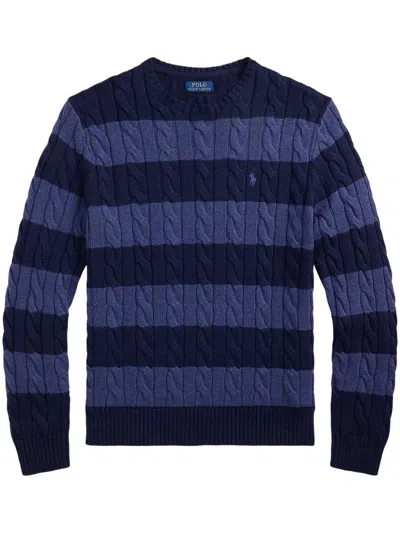 Polo Ralph Lauren Navy Blue Cotton Sweater With Textured Horizontal Stripes