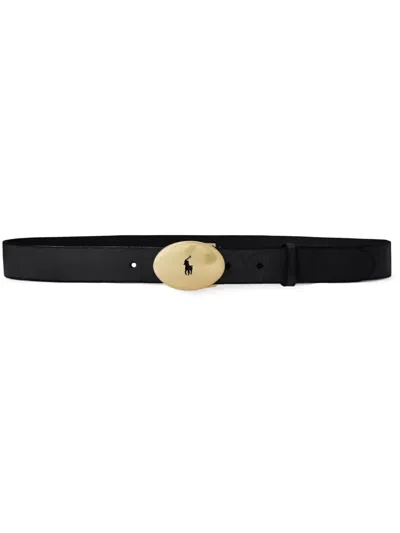 Polo Ralph Lauren Pony Logo Oval Buckle Leather Belt In Black
