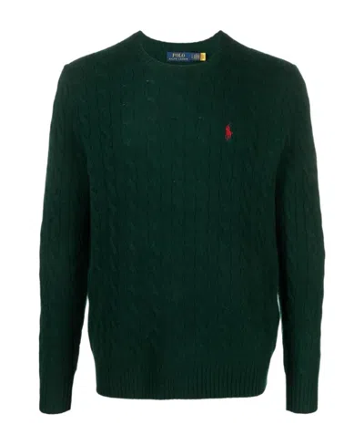 Polo Ralph Lauren Green Cable Knit Crewneck Sweater With Pony Embroidery On The Front In Wool And Cashmere Man