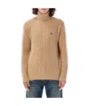 Polo Ralph Lauren Cable Knit Turtleneck Sweater With Embroidered Logo In Nude