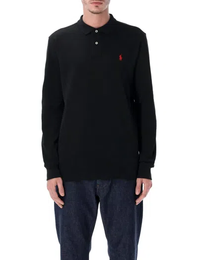 Polo Ralph Lauren Long-sleeve Cotton Piqué Polo Shirt Custom Slim-fit In Black