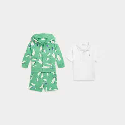 Polo Ralph Lauren Babies' Polo Shirt, Terry Hoodie & Short Set In Green/sails Print