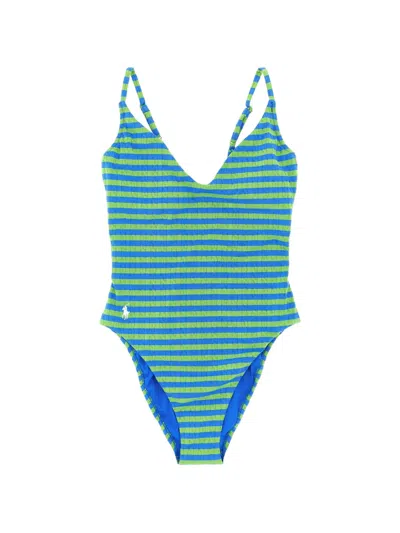Polo Ralph Lauren One Piece Swimsuit Lingerie Style Stripes In Blue