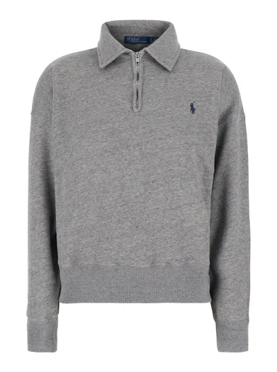 Polo Ralph Lauren Polo-collar Half-zip Cotton Blend Sweatshirt In Gray