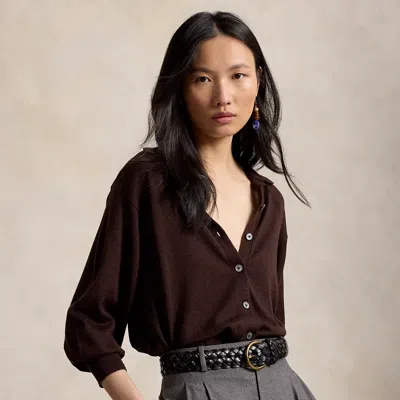 Polo Ralph Lauren Polo-collar Wool Blouson Cardigan In Deep Chocolate Melange