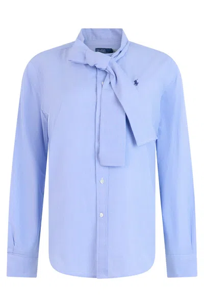 Polo Ralph Lauren Polo-style Collared Blouse With Decorative Bow And Button Front In Blue
