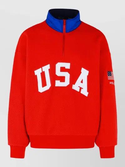 Polo Ralph Lauren Polyester Fleece Jacket High Collar Ribbed In Red