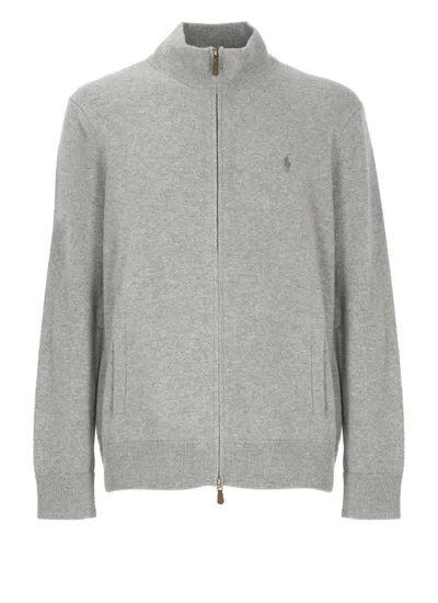 Polo Ralph Lauren Heather Grey Knitted Sweater With Front Zip Fastening In Gray