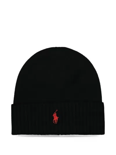 Polo Ralph Lauren Pony Embroidered Beanie Hat In Black