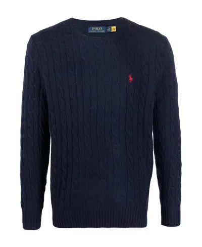 Polo Ralph Lauren Blue Cable Knit Crewneck Sweater With Pony Embroidery On The Front In Wool And Cashmere Man