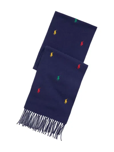 Polo Ralph Lauren Pony Embroidered Fringed Scarf In Blue