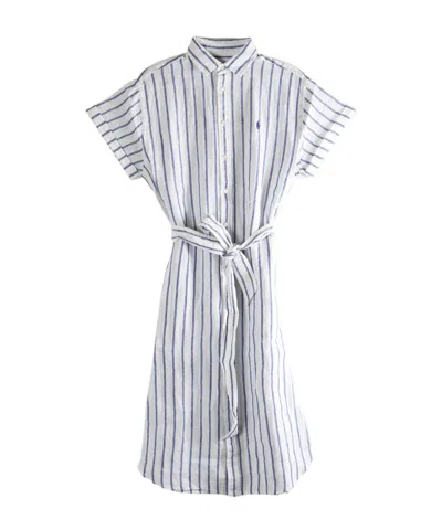 Polo Ralph Lauren Belted Striped Linen Midi Dress In Blue
